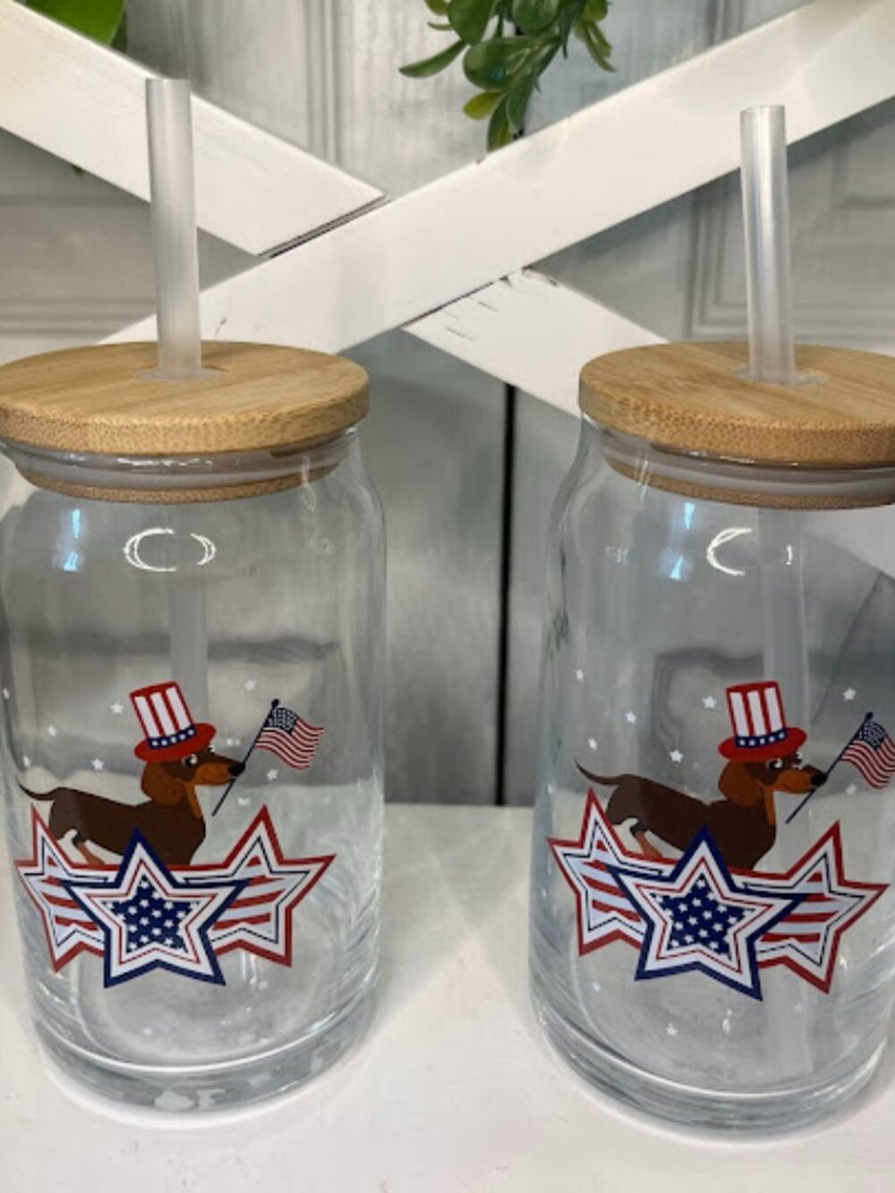 Patriotic Dachshund glass tumblers. Set of 2